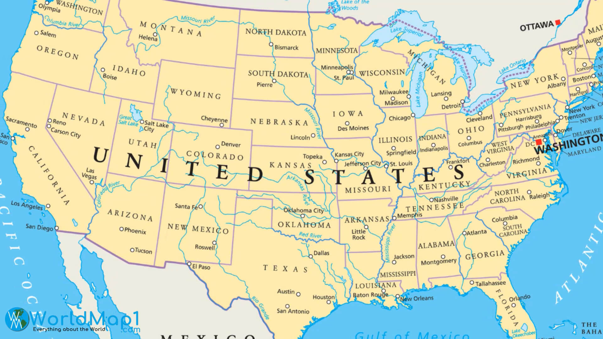 Map of United States Rivers and Lakes
